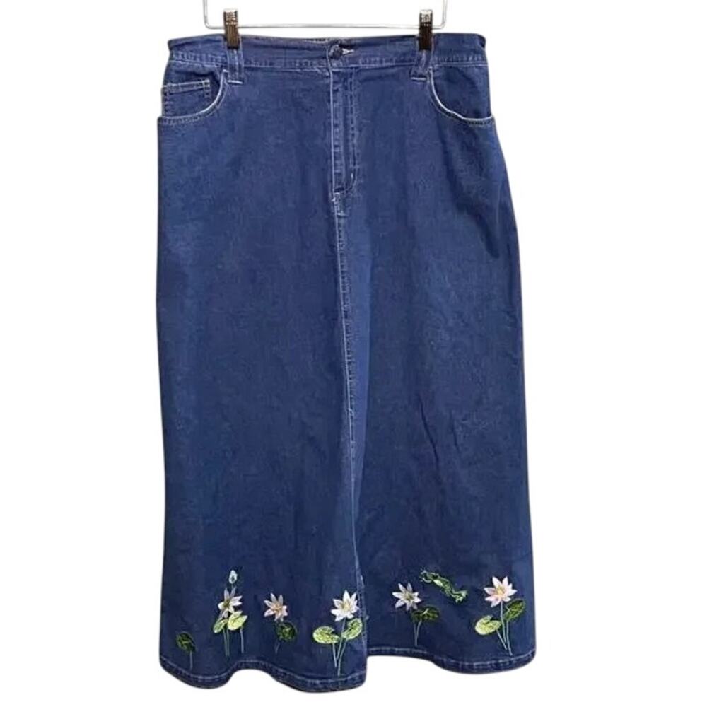Quaker Factory Denim Maxi Skirt Embroidered Lotus Flowers Size Large